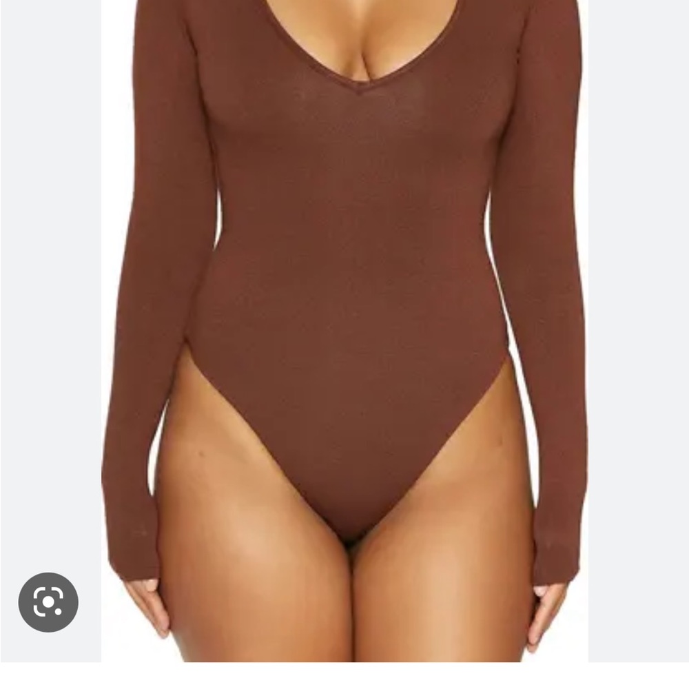The NW Deep-V Long Sleeve Bodysuit, Chocolate, Size Small